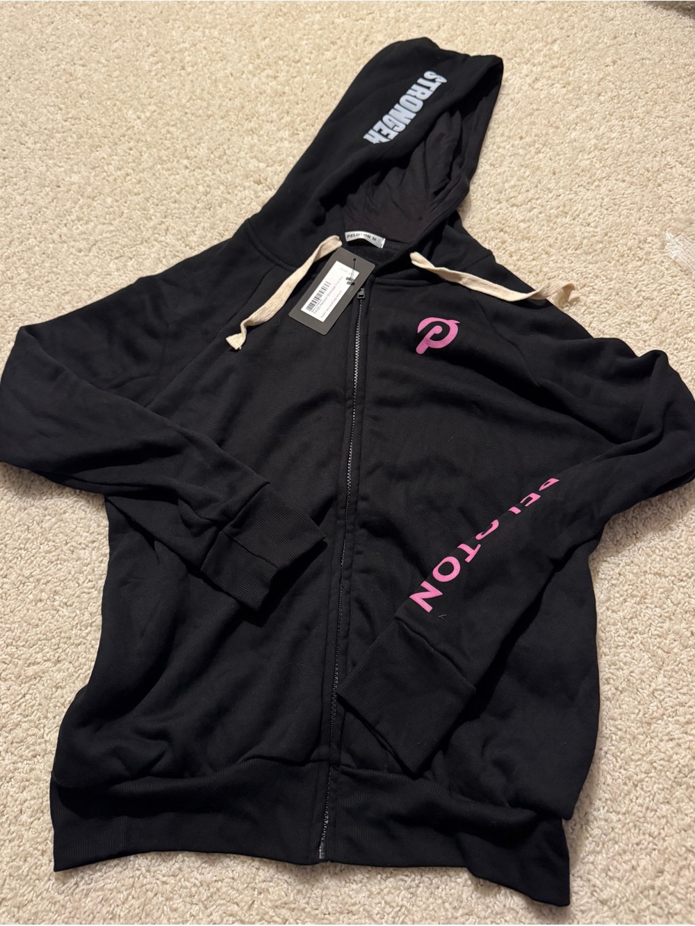 Peloton Black Hoodie with Pink Logo and Beige Drawstrings